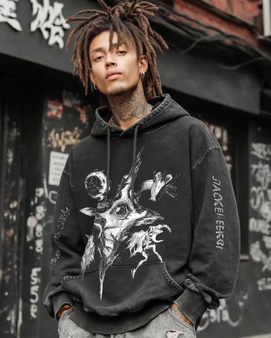 Dark omens Vintage-washed oversize Hoodie – [Born To Defy]