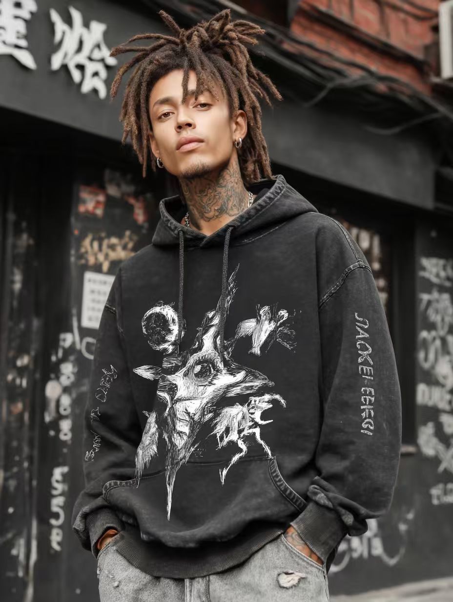 Dark omens Vintage-washed oversize Hoodie – [Born To Defy]