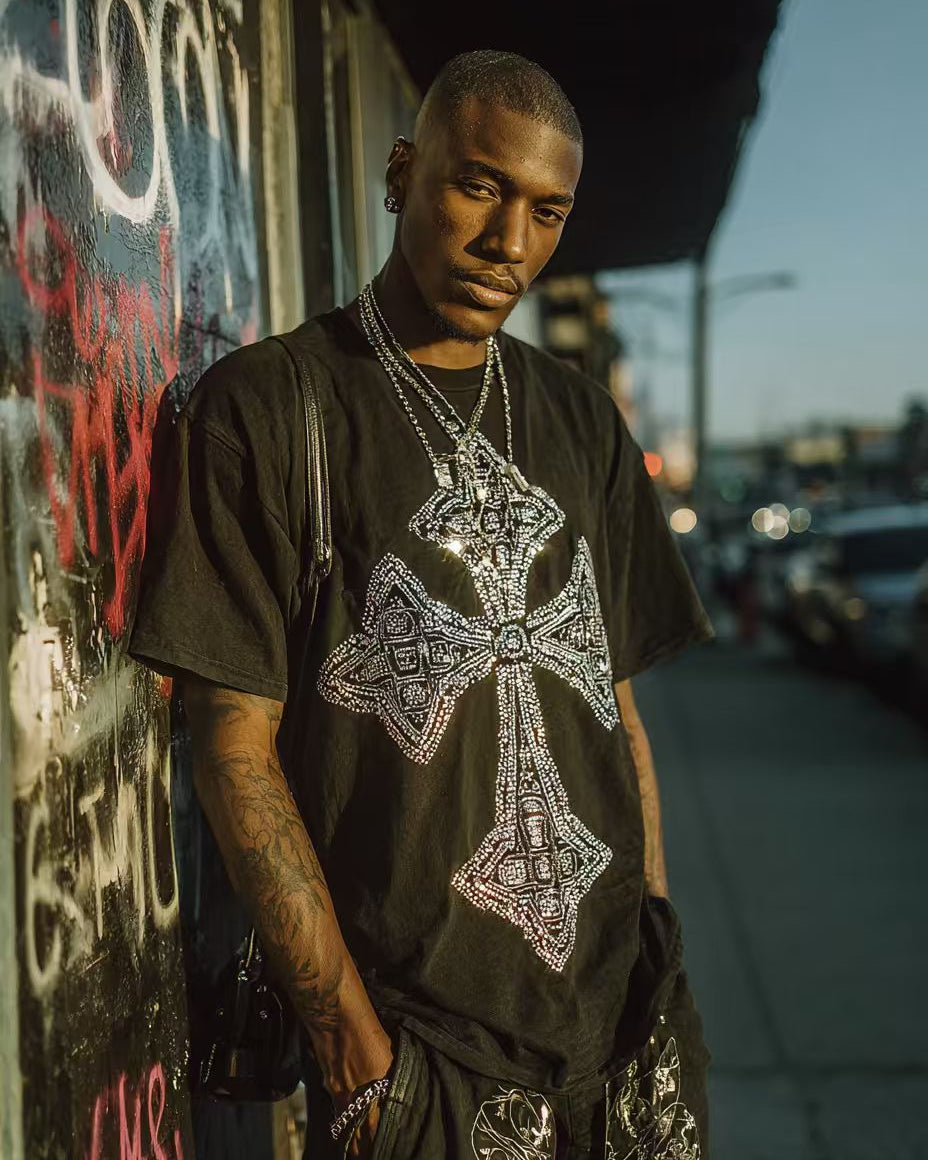 Cross Motif Vintage-washed oversized T-shirt - [CRYSTAL REBEL]