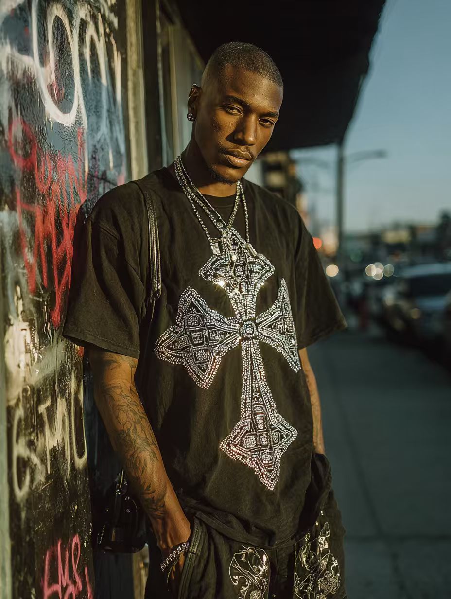 Cross Motif Vintage-washed oversized T-shirt - [CRYSTAL REBEL]