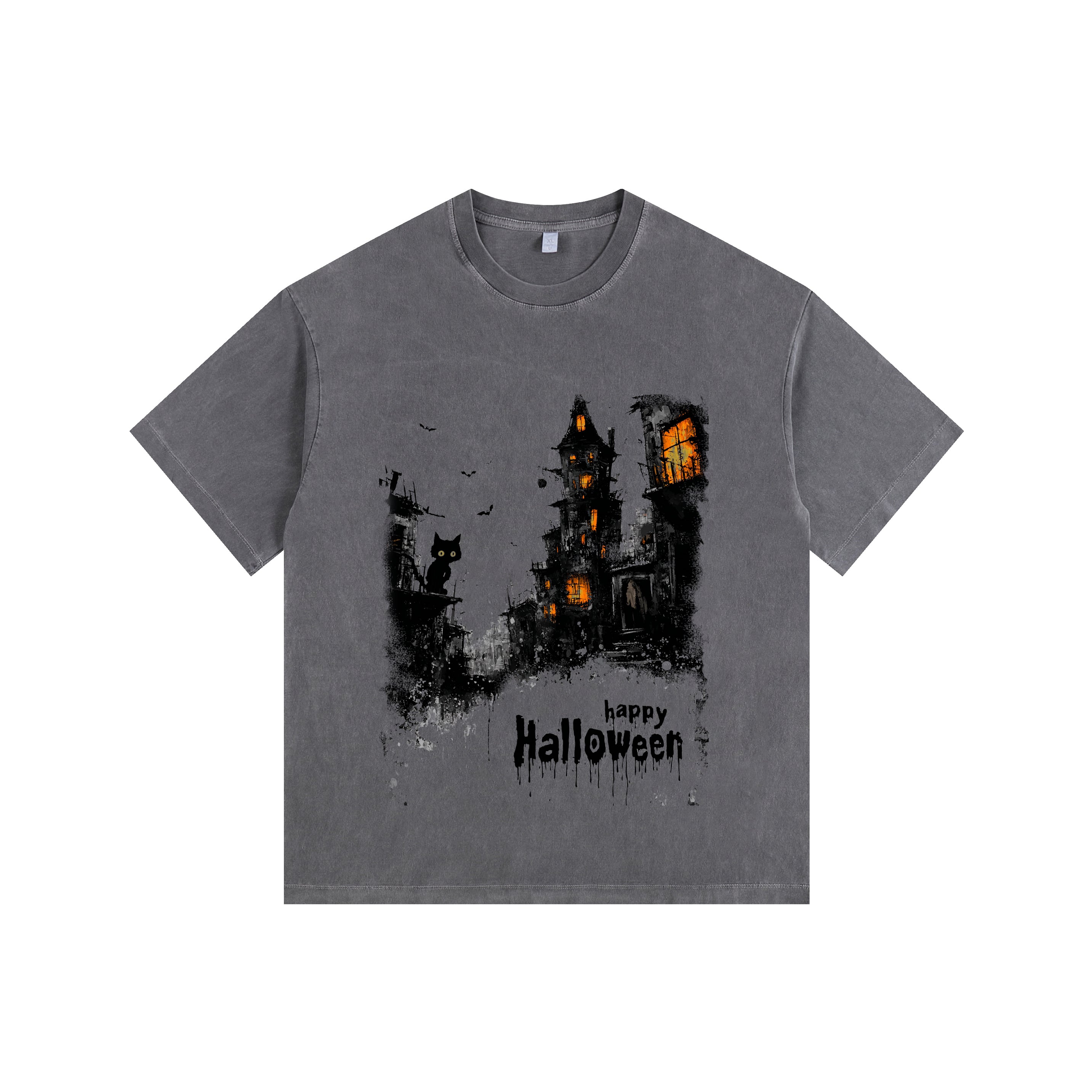 HAPPY HALLOWEEN Vintage-Washed Oversized Tee – [Halloween🎃]