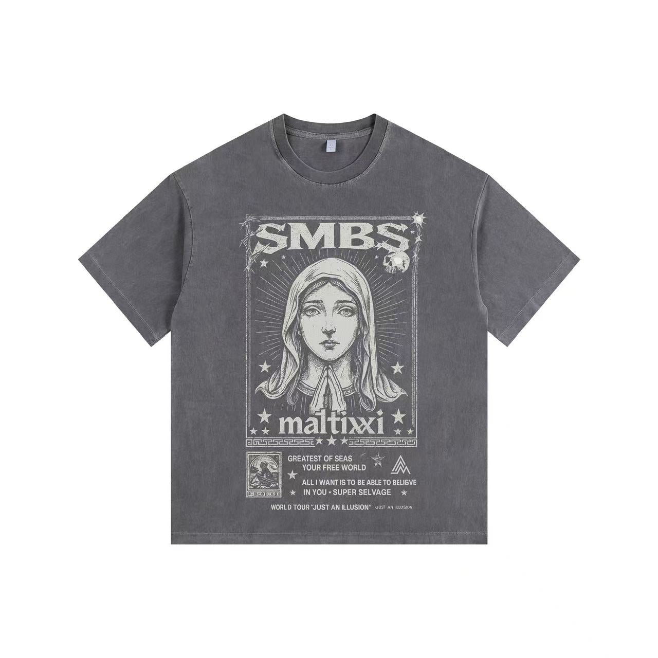 Dual Gaze Graphic Street Style Vintage-Washed Oversized T-shirt