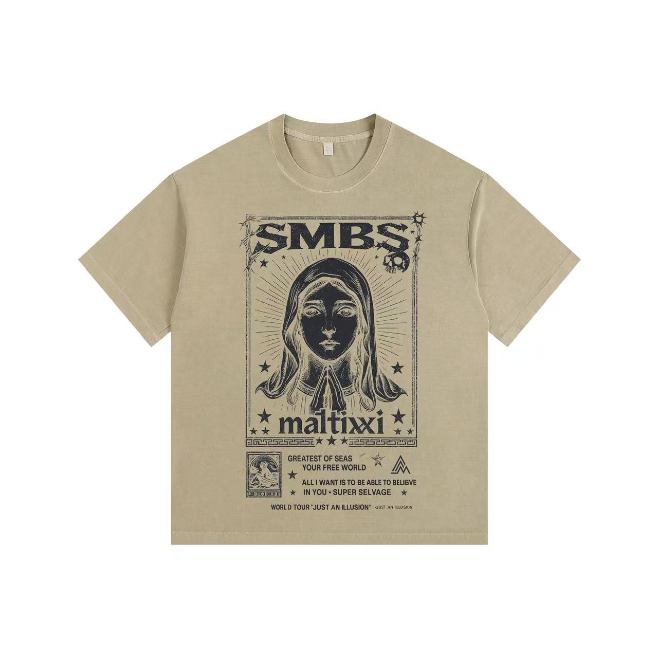 Dual Gaze Graphic Street Style Vintage-Washed Oversized T-shirt