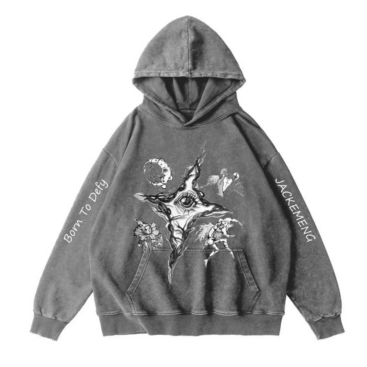 Dark omens Vintage-washed oversize Hoodie – [Born To Defy]