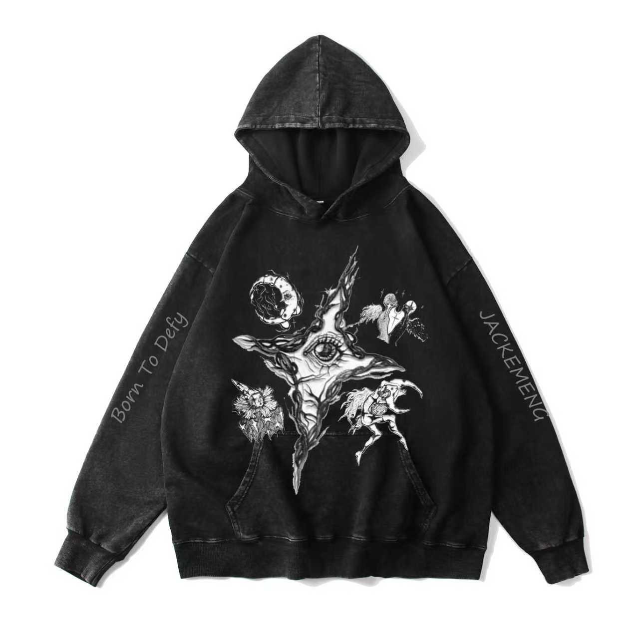 Dark omens Vintage-washed oversize Hoodie – [Born To Defy]