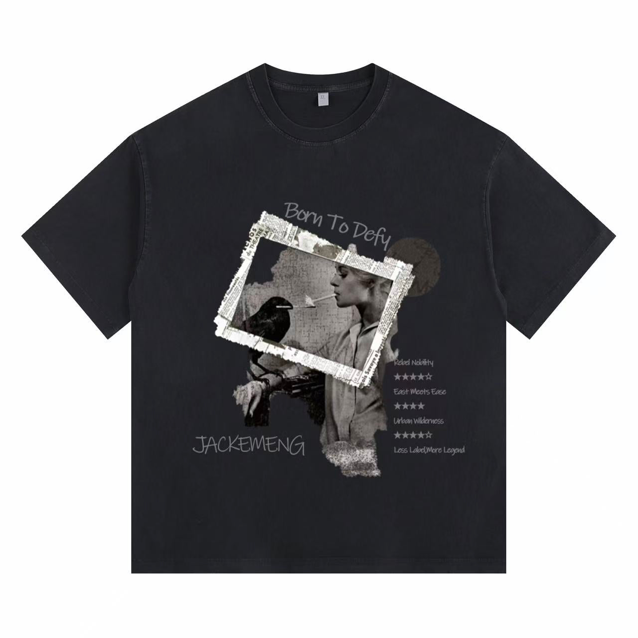 Raven and Woman Vintage-washed oversize tee – [Born To Defy]