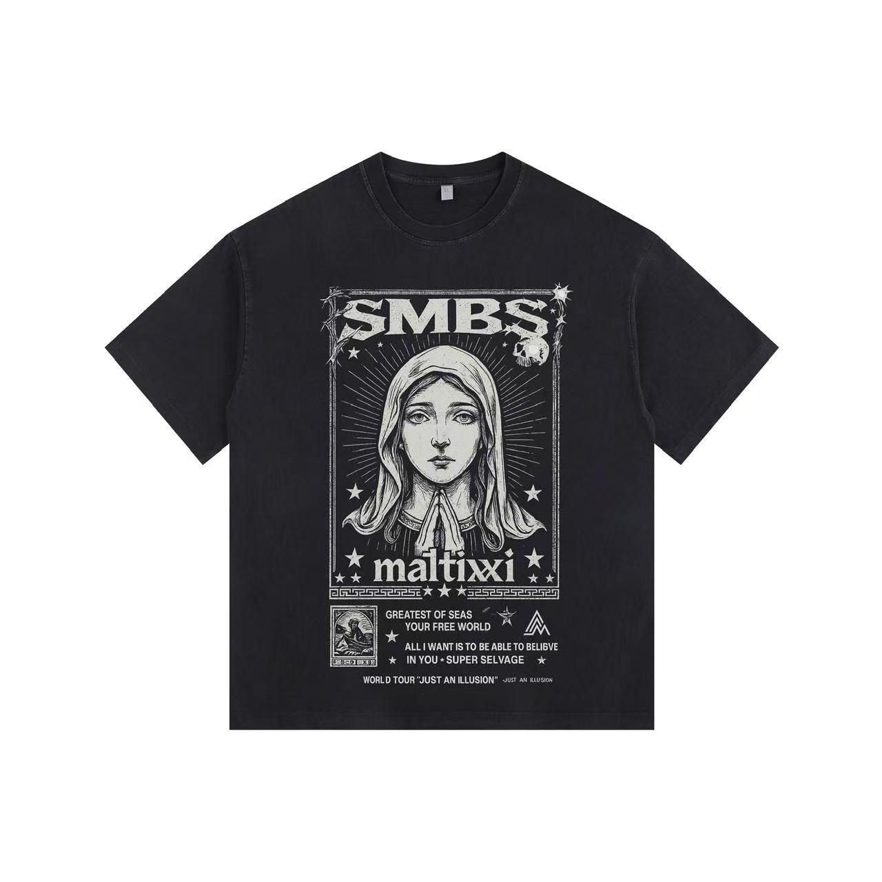Dual Gaze Graphic Street Style Vintage-Washed Oversized T-shirt